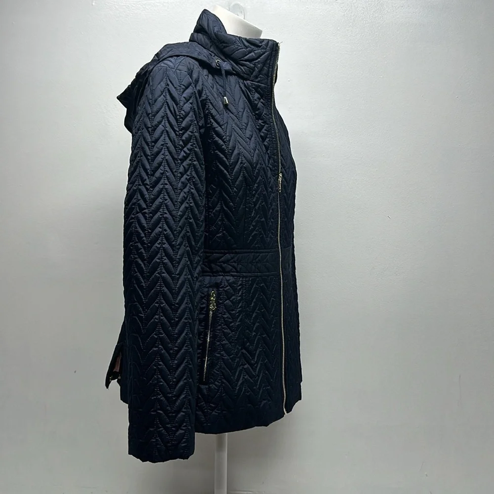 Kate Spade Jacket Coat Chevron Quilted Full Zip Hooded Navy Blue Size M Medium